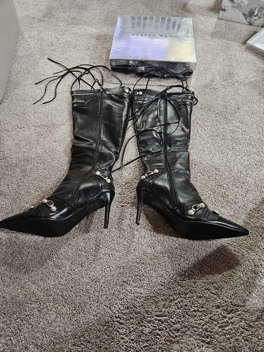 Azalea Wang - Black Pointed-Toe Lace-Up High Heel Boots
